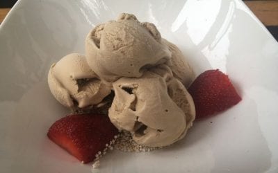 Professor Jones Wearing a Red Bowtie coffee ice cream with strawberries